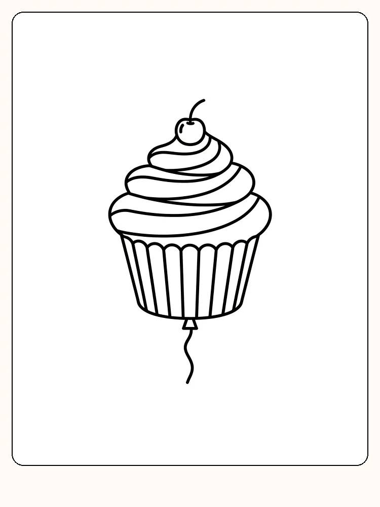Tegning til farvelægning af en muffin med kirsebær på toppen og en ballon, klar til at blive farvelagt