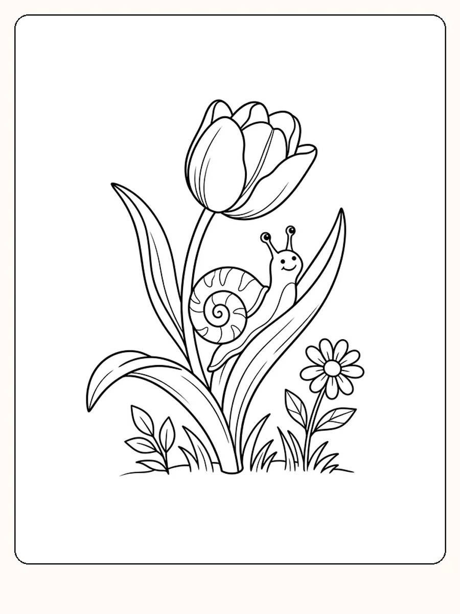 Smilende snegle som kryper opp et bredt tulipanblad, med tulipanblomst over seg og en liten blomst nede til høyre