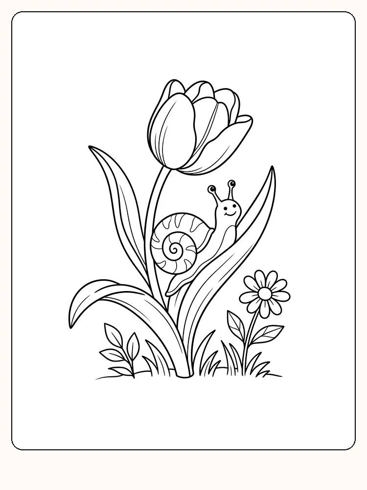 Smilende snegle som kryper opp et bredt tulipanblad, med tulipanblomst over seg og en liten blomst nede til høyre