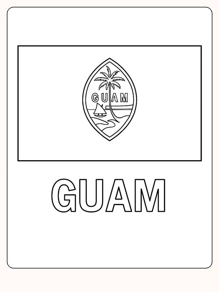 Deutsch:
Die Flagge von Guam mit einer Palme und einem Kanu im Wappen-Design, bereit zum Ausmalen.