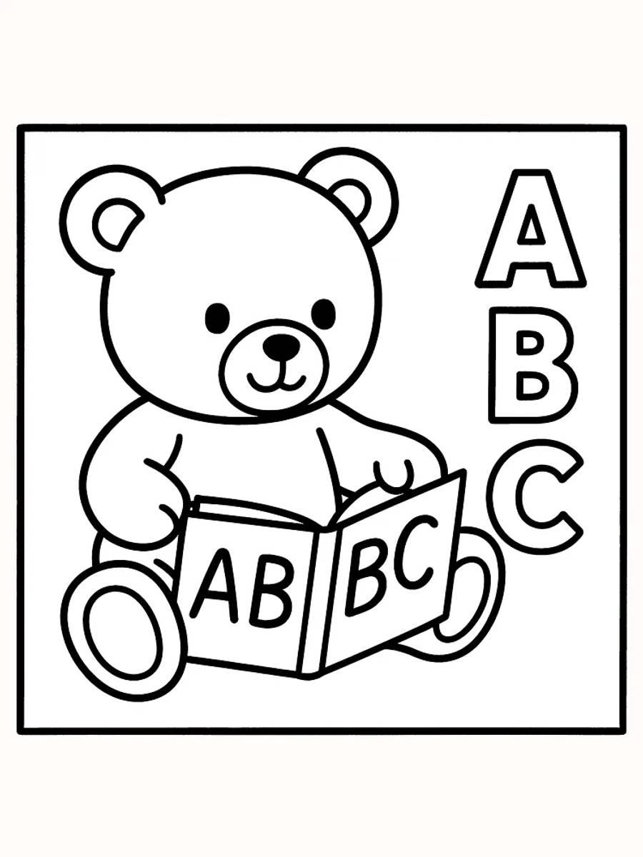Målarbild av en nallebjörn som läser en ABC-bok, redo att skrivas ut.