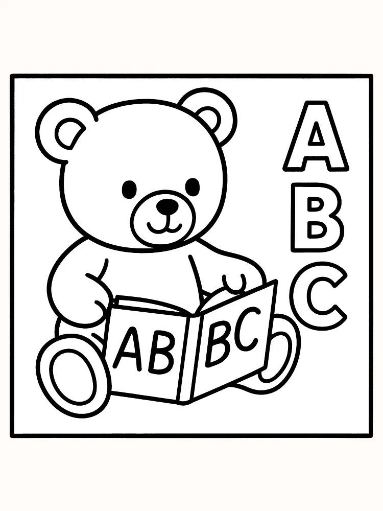 Målarbild av en nallebjörn som läser en ABC-bok, redo att skrivas ut.