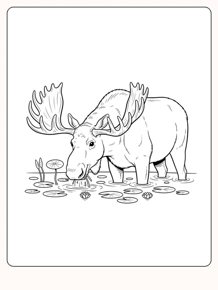 Tegning af en elg, der drikker vand i en dam, til farvelægning. Perfekt til print.