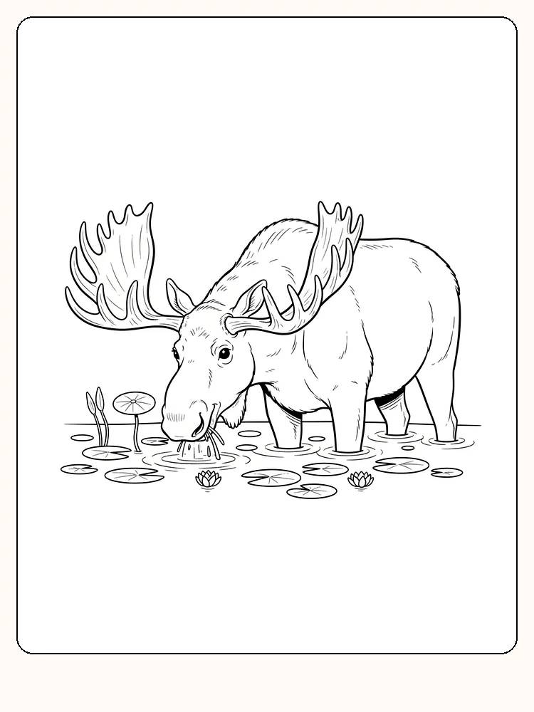 Tegning af en elg, der drikker vand i en dam, til farvelægning. Perfekt til print.