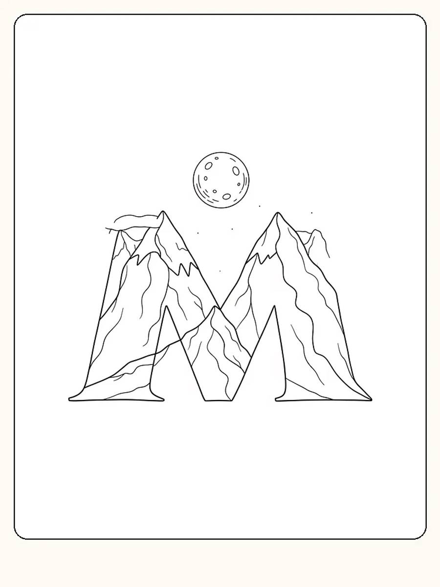 Fargeleggingstegning av bokstaven M, med fjell og måne bakgrunn, klar for utskrift