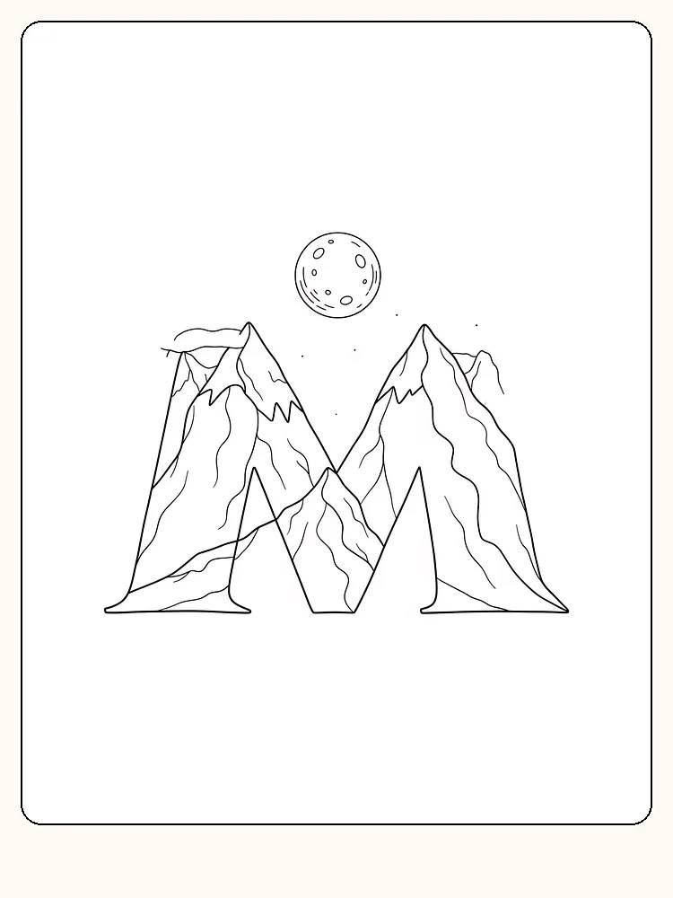 Fargeleggingstegning av bokstaven M, med fjell og måne bakgrunn, klar for utskrift