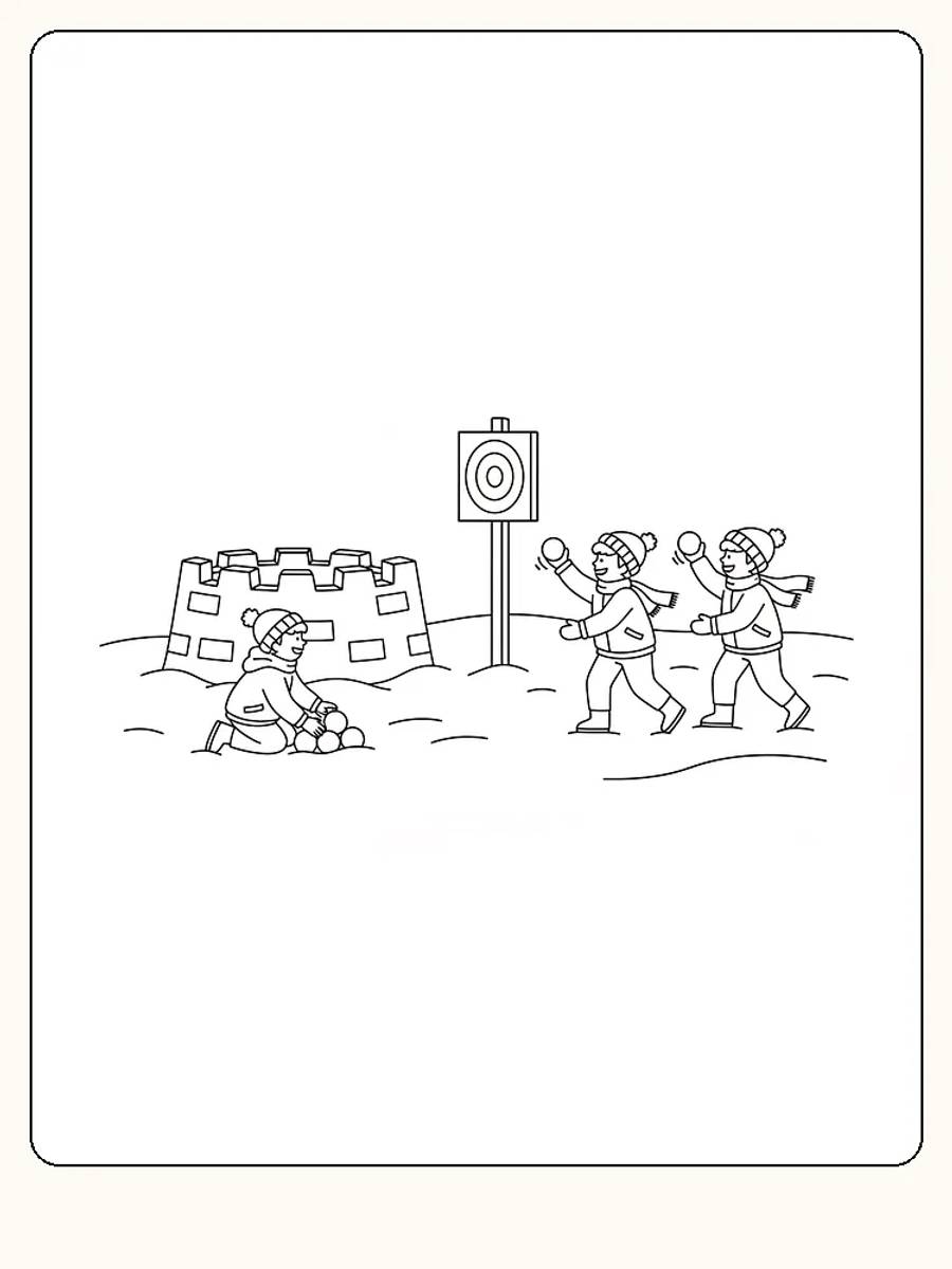 Tegning til farvelægning af børn i sneboldkamp ved et snefort, klar til print og sjov