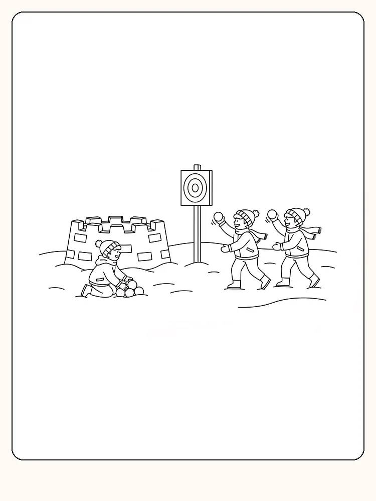 Tegning til farvelægning af børn i sneboldkamp ved et snefort, klar til print og sjov