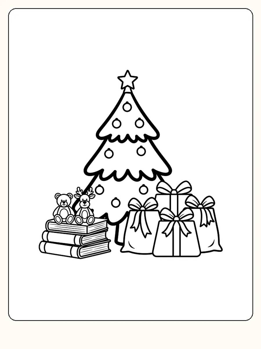 Tegning af juletræ med gaver og bamser til farvelægning, klar til print