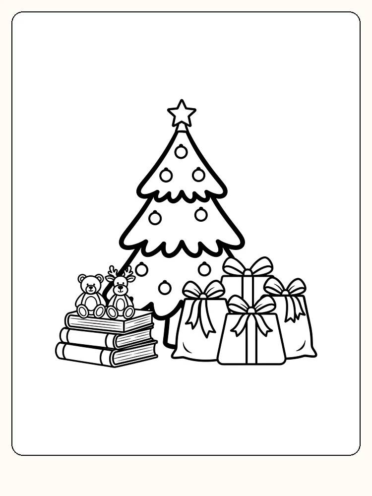 Tegning af juletræ med gaver og bamser til farvelægning, klar til print