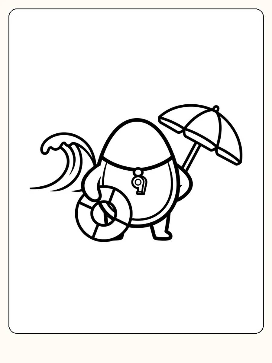 Tegning til farvelægning af en ægfigur med parasol og bølge, klar til print