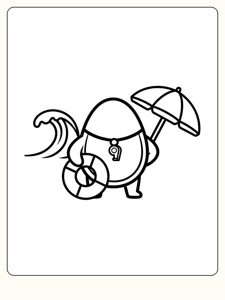 Tegning til farvelægning af en ægfigur med parasol og bølge, klar til print