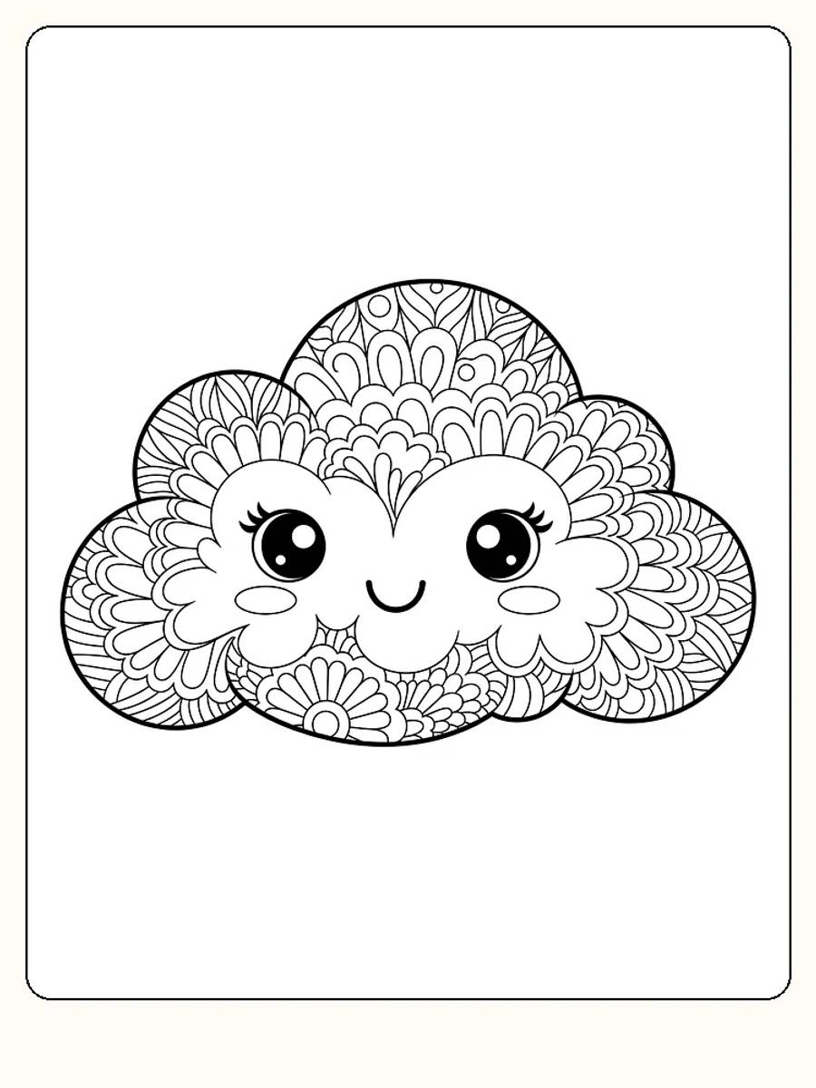 Tegning til farvelægning af kawaii-sky med detaljerede mønstre og store øjne, klar til print
