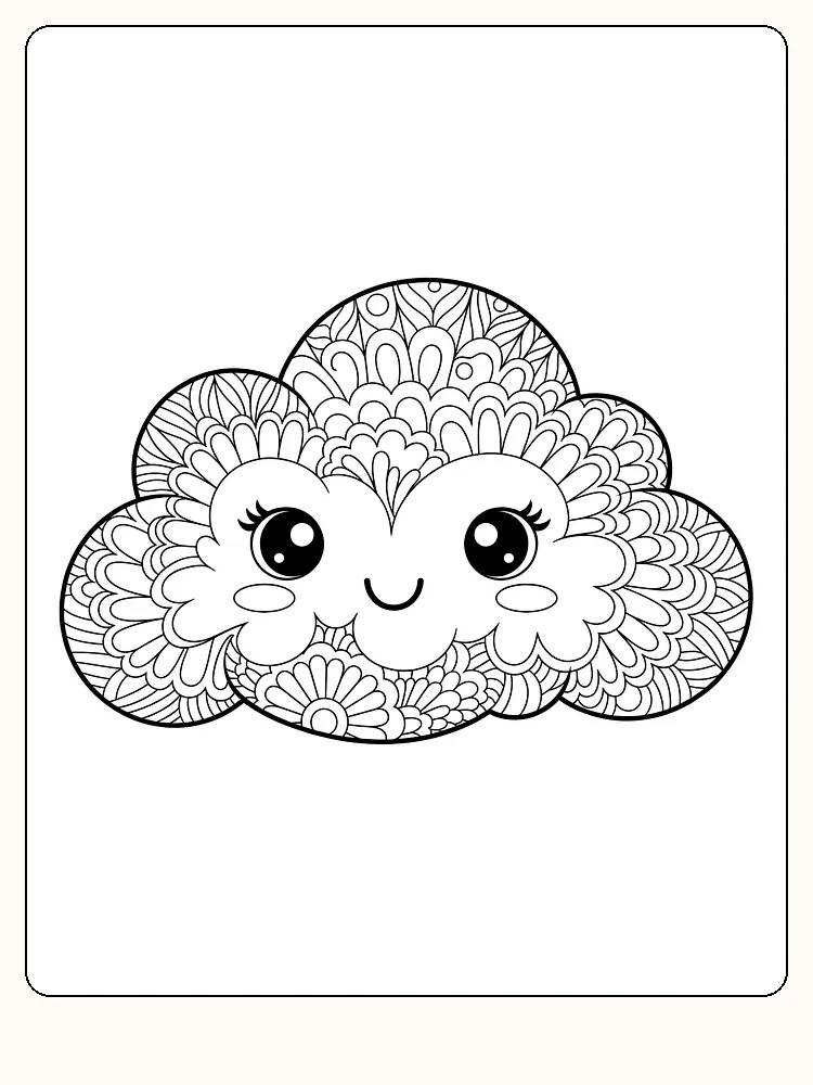 Tegning til farvelægning af kawaii-sky med detaljerede mønstre og store øjne, klar til print