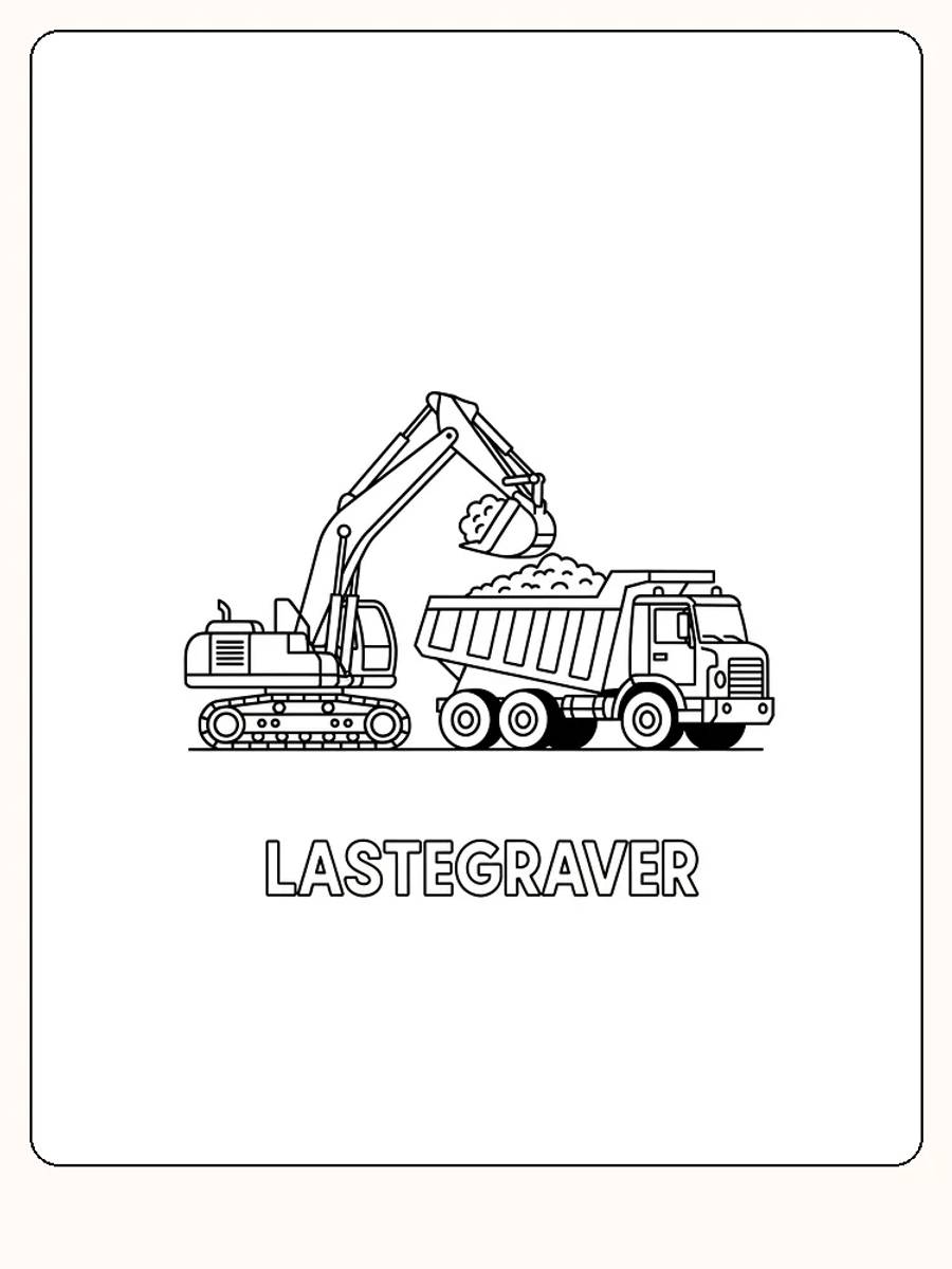 Tegning til farvelægning af en gravemaskine, der læsser sand på en lastbil, klar til print