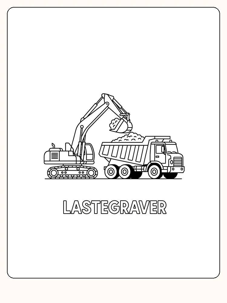 Tegning til farvelægning af en gravemaskine, der læsser sand på en lastbil, klar til print