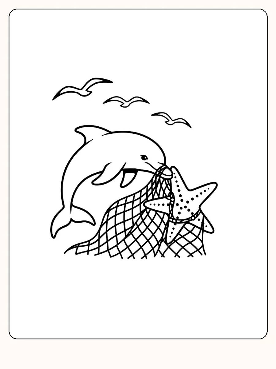 Tegning til farvelægning af en delfin og en søstjerne, der er fanget i et net, med måger i baggrunden