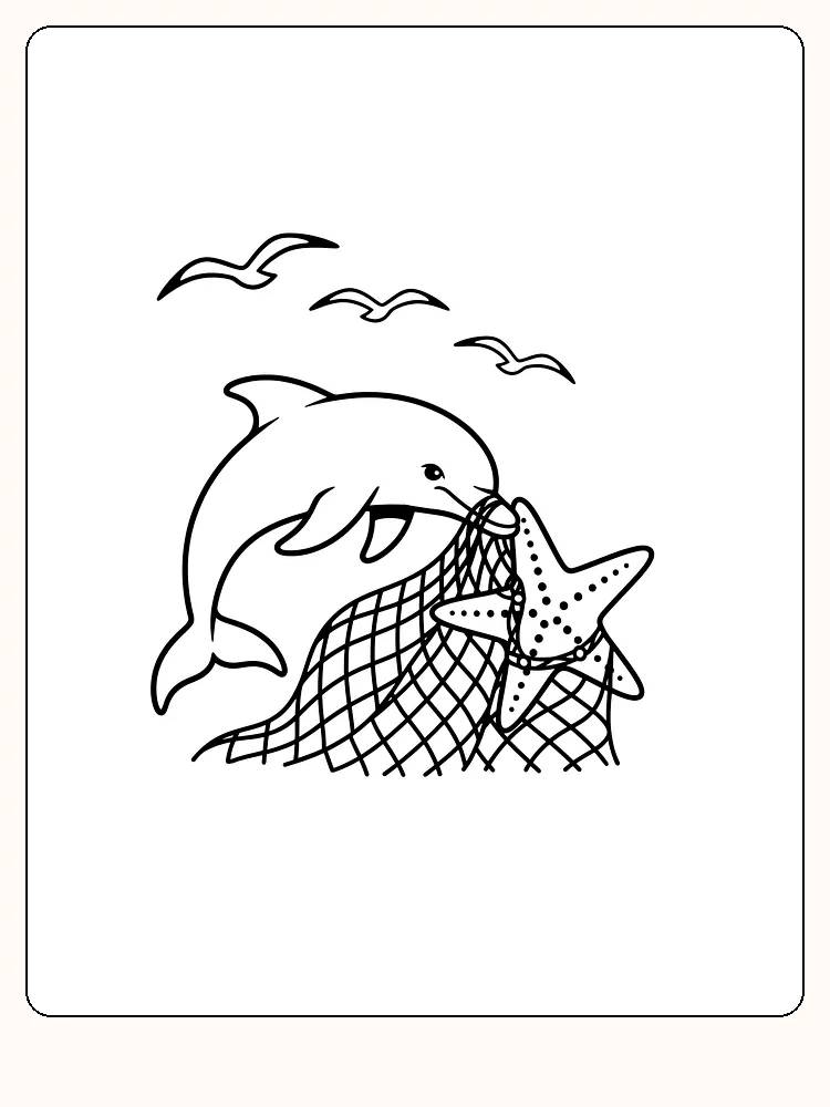 Tegning til farvelægning af en delfin og en søstjerne, der er fanget i et net, med måger i baggrunden