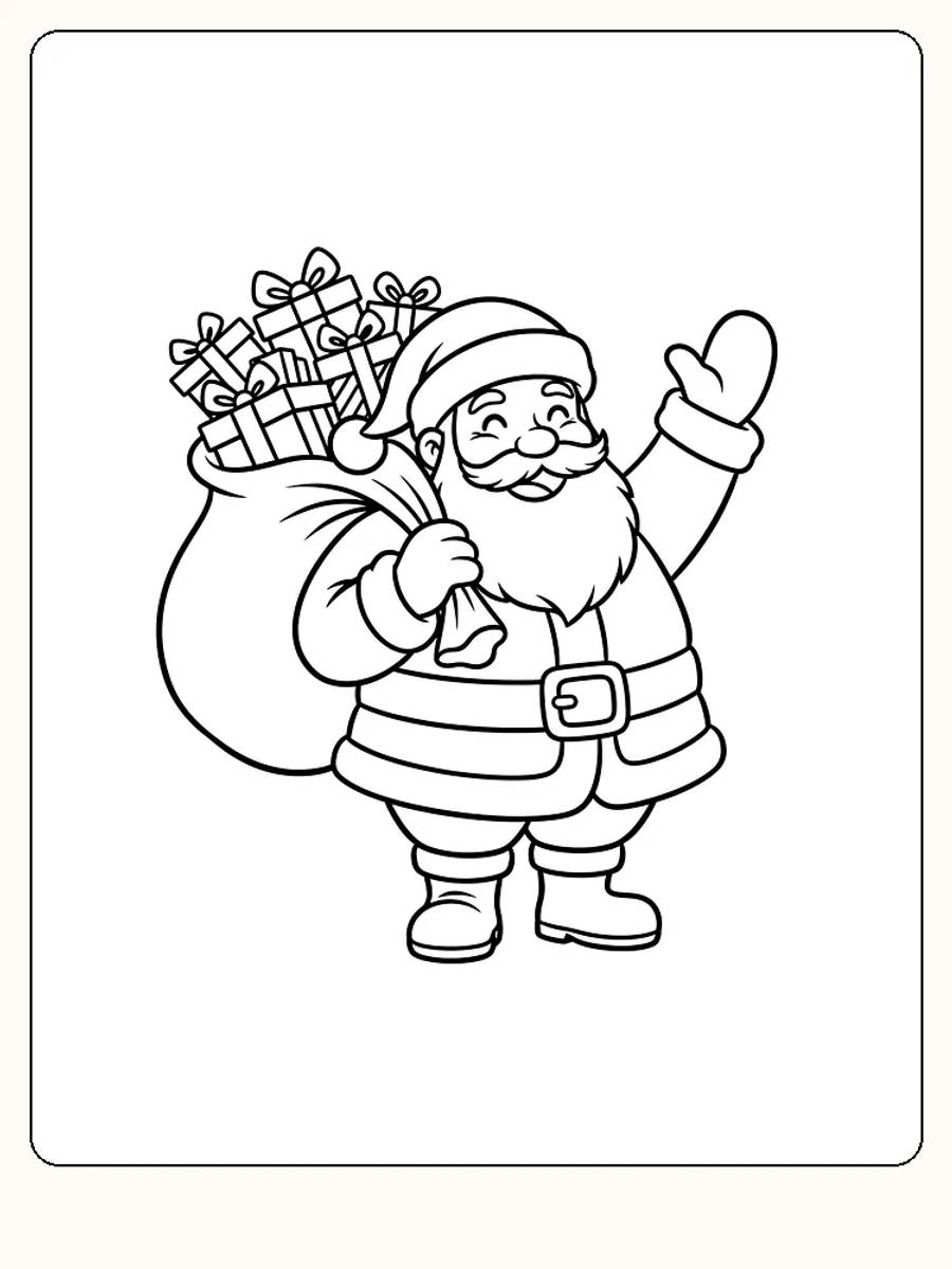 Tegning til farvelægning af julemanden med en stor sæk fuld af gaver, klar til print