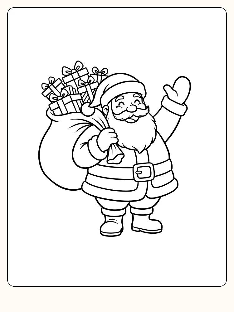 Tegning til farvelægning af julemanden med en stor sæk fuld af gaver, klar til print