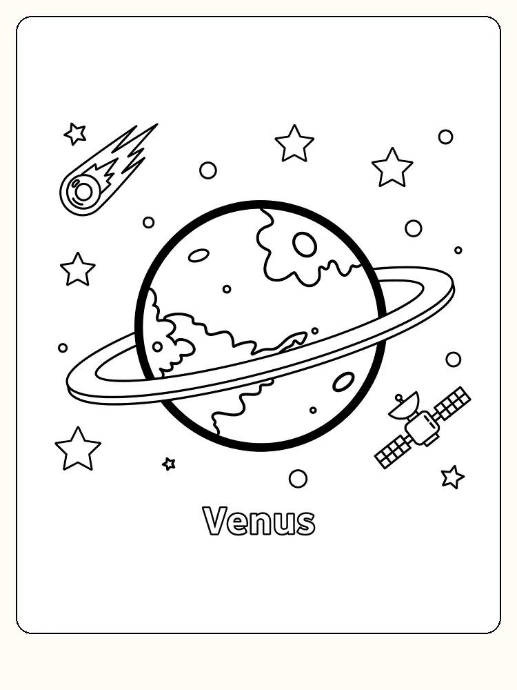 Fargeleggingstegning av planeten Venus med ring og stjerner, klar for utskrift
