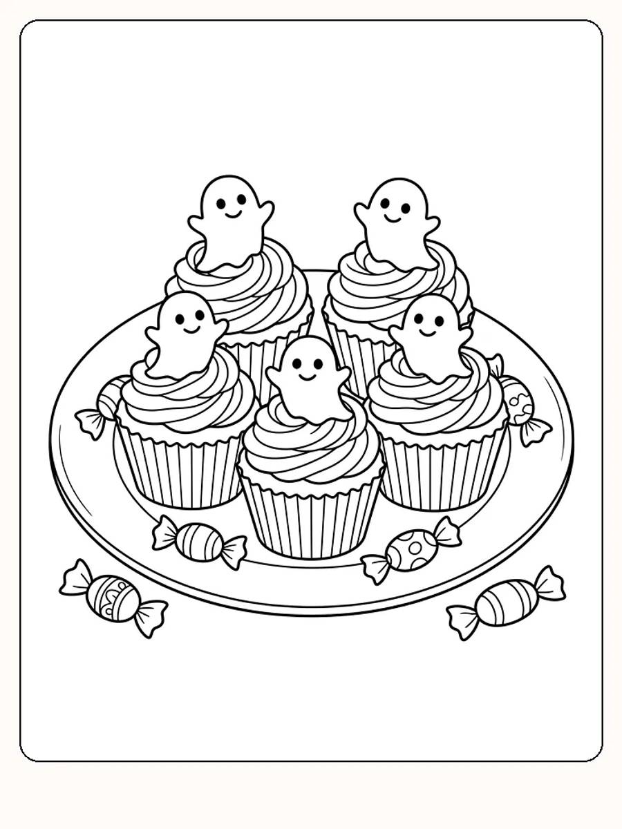 Halloween-muffins på et rundt fad, hver med snoet glasur og et lille spøgelse, og slik rundt om fadet