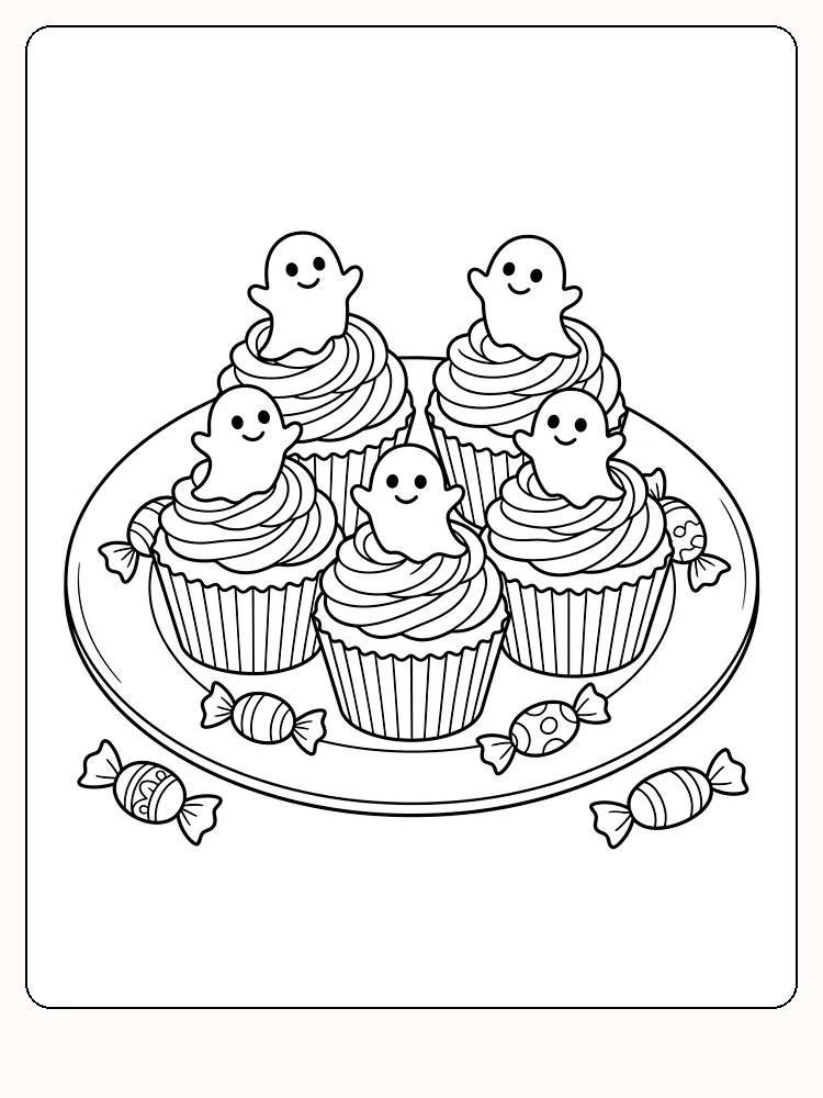 Halloween-muffins på et rundt fad, hver med snoet glasur og et lille spøgelse, og slik rundt om fadet