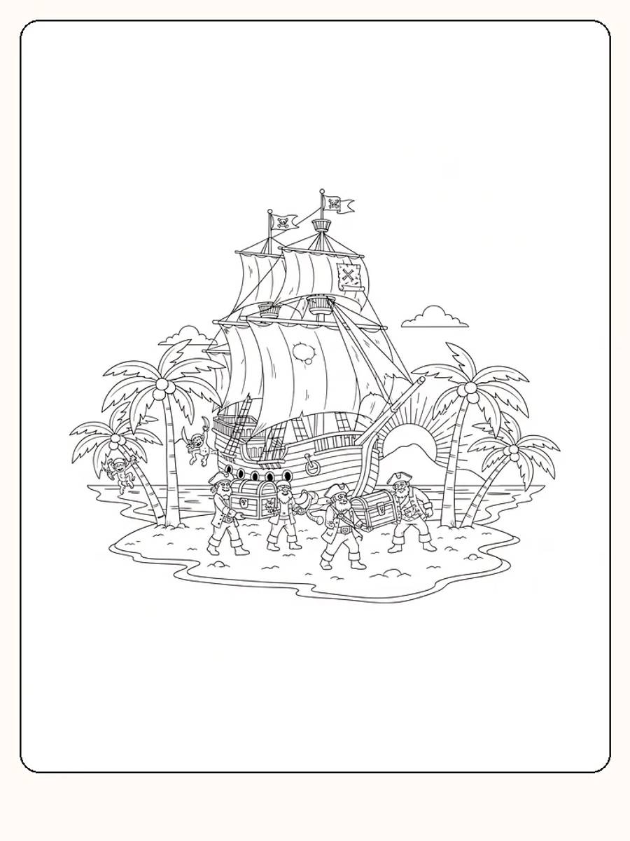 Piratmålarbild med ett skepp och pirater på en ö, redo för utskrift