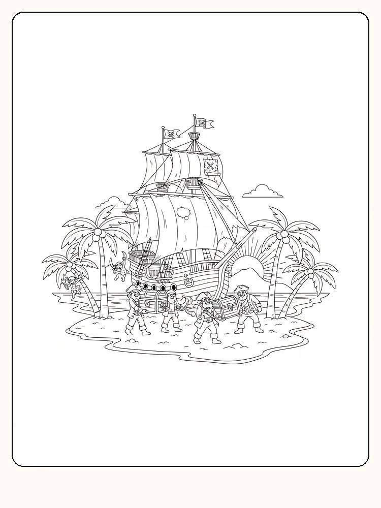 Piratmålarbild med ett skepp och pirater på en ö, redo för utskrift