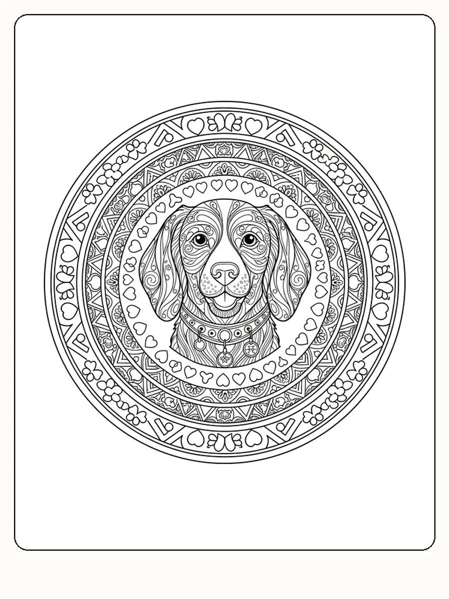 Detaljert mandala med hund i midten, perfekt for fargelegging