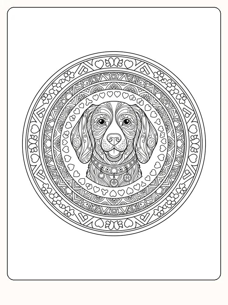 Detaljert mandala med hund i midten, perfekt for fargelegging
