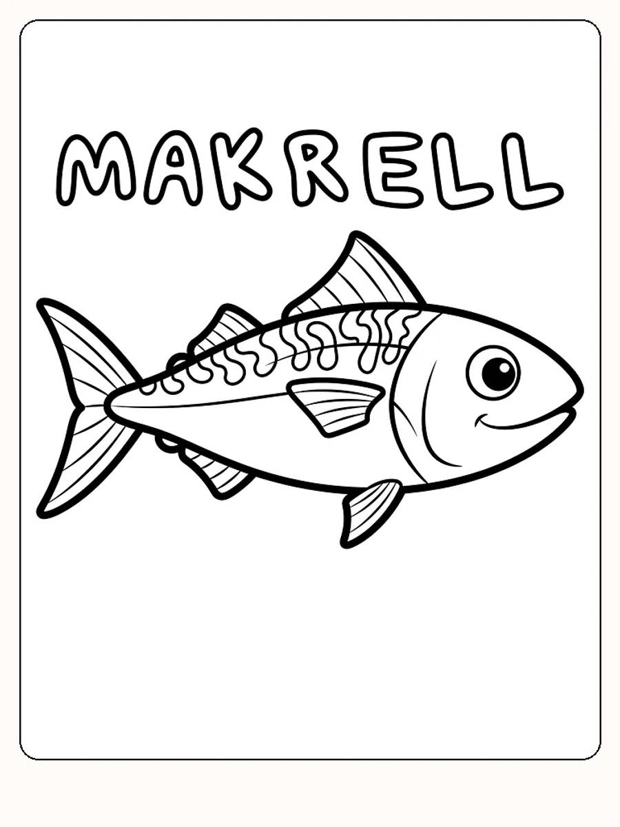 Fargeleggingstegning av en smilende makrell med store øyne, klar for utskrift