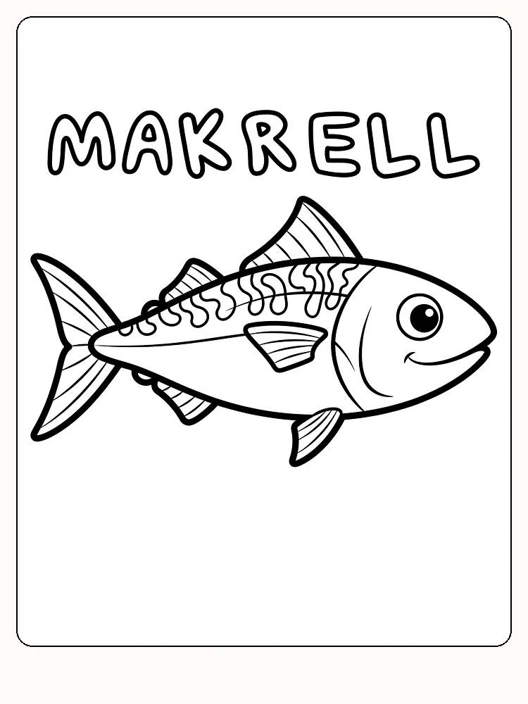 Fargeleggingstegning av en smilende makrell med store øyne, klar for utskrift