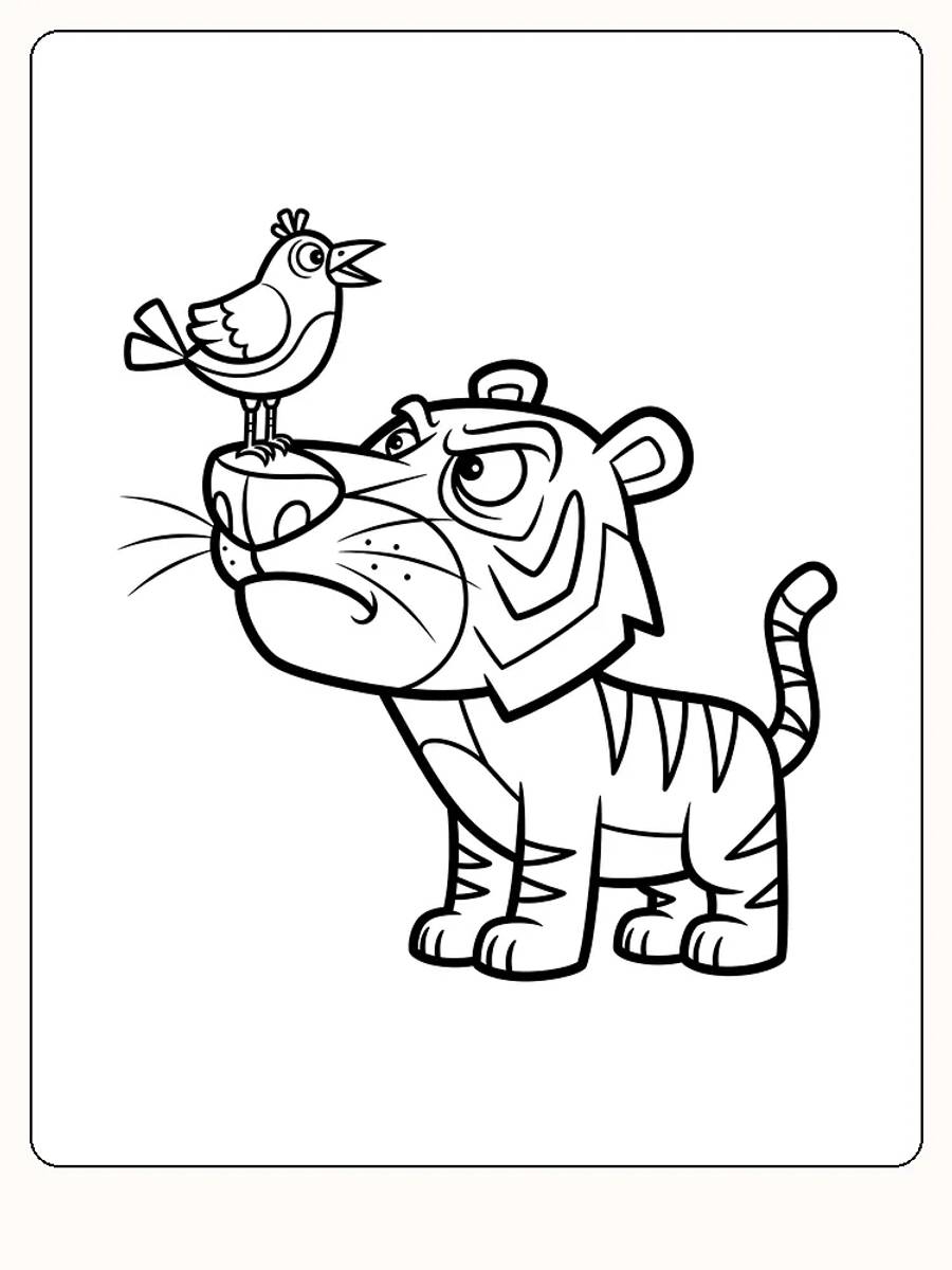 Tegning til farvelægning af en tiger med en fugl på næsen, klar til print