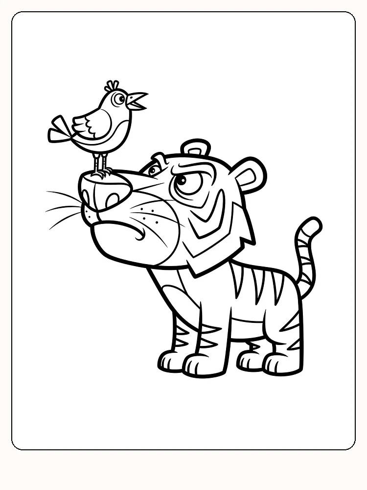 Tegning til farvelægning af en tiger med en fugl på næsen, klar til print