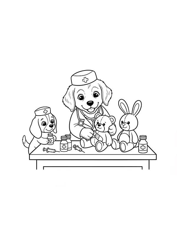 Hund i doktorantrekk med bamse og kanin, underkategori