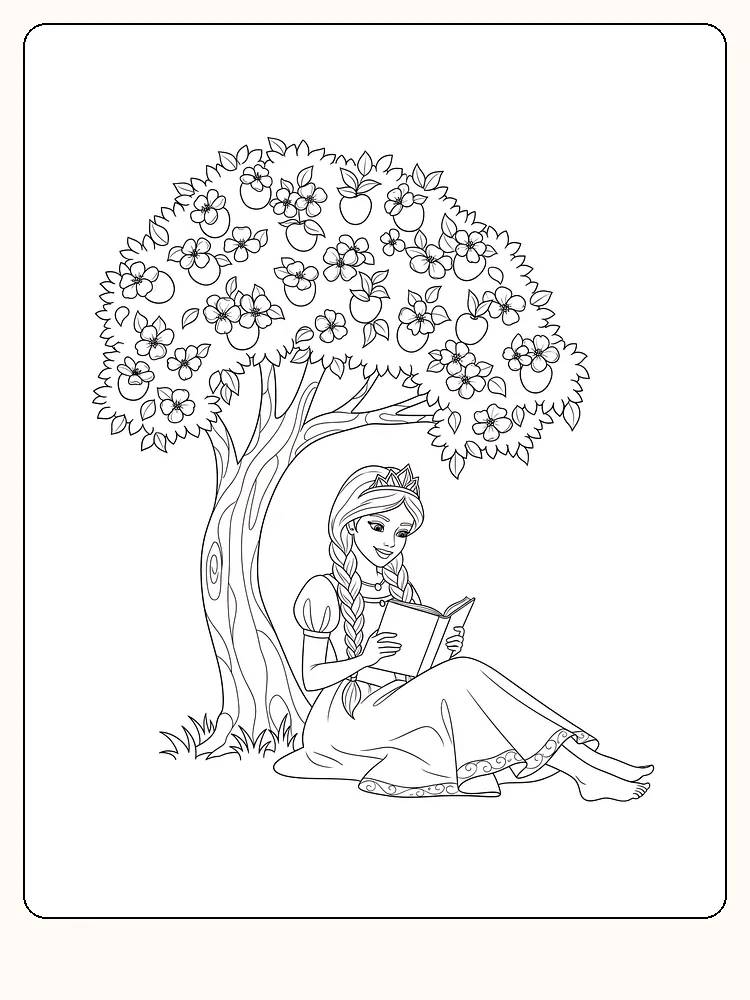 Fargeleggingstegning av en jente som leser en bok under et blomstrende tre, klar for utskrift