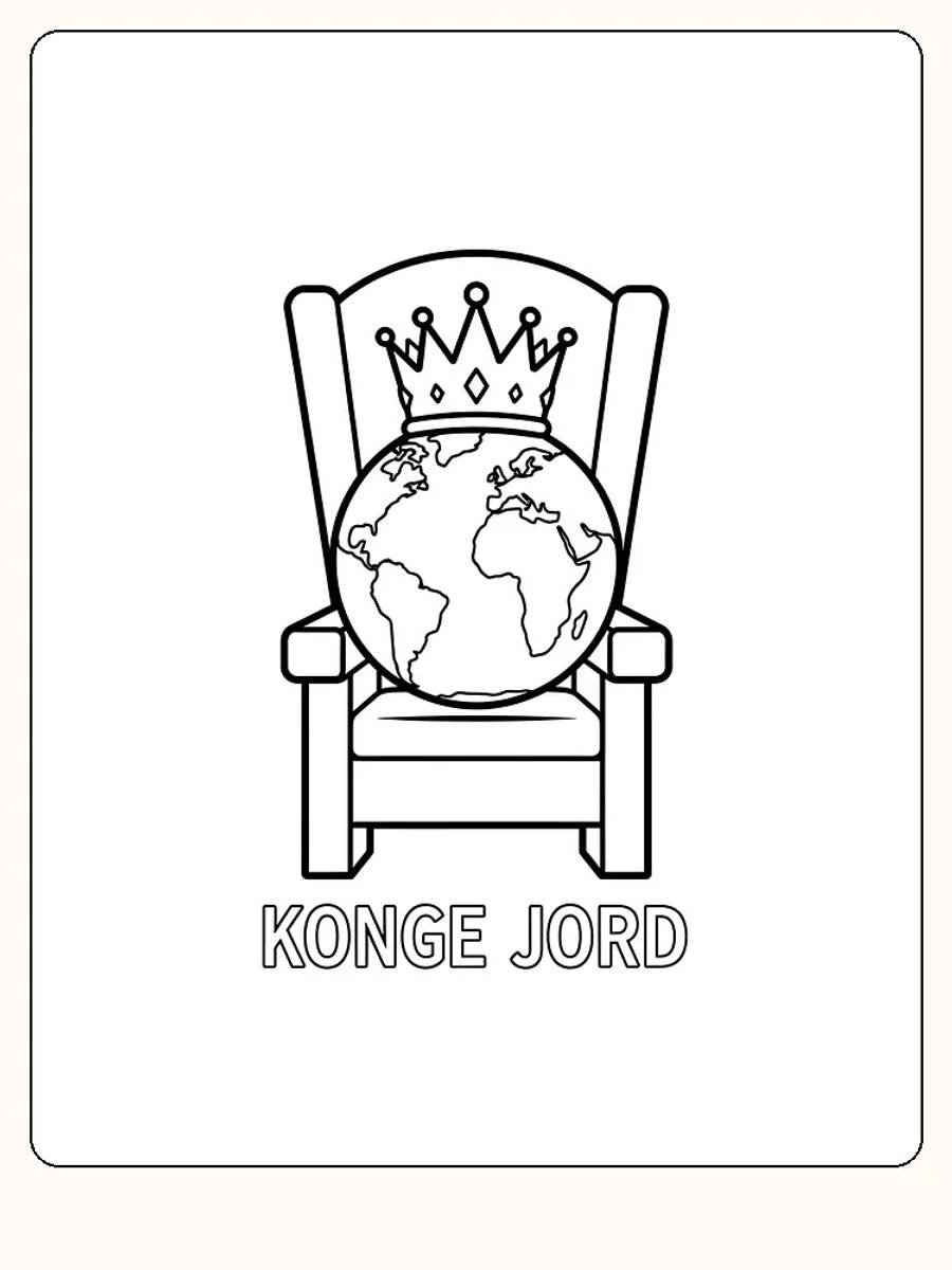 Tegning til farvelægning af jordkloden som konge med krone på trone, klar til download