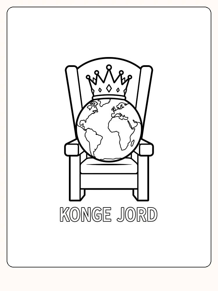 Tegning til farvelægning af jordkloden som konge med krone på trone, klar til download