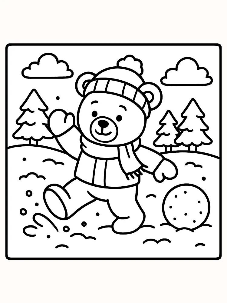 Ausmalbild eines Bären in Winterkleidung, der im Schnee spielt, mit Bäumen im Hintergrund.