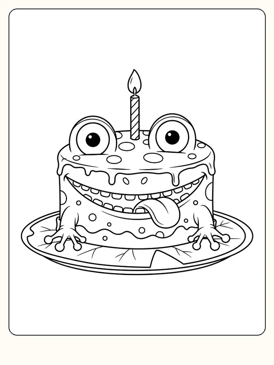 Fargeleggingsbilde av en monsterkake med et lys på toppen, morsom for barn