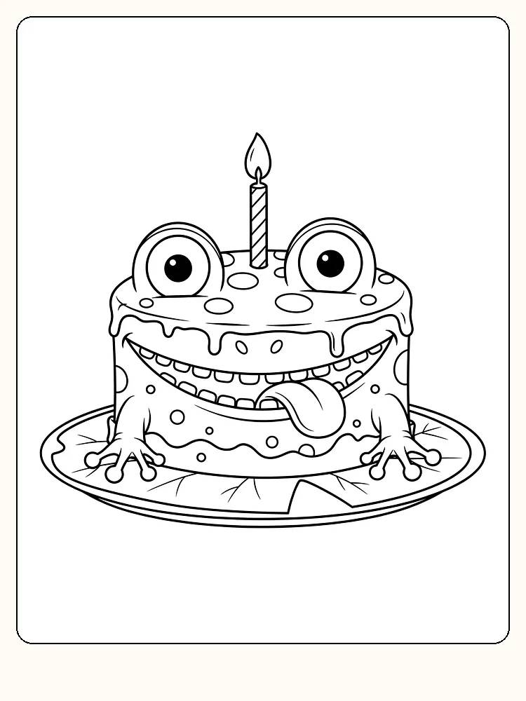 Fargeleggingsbilde av en monsterkake med et lys på toppen, morsom for barn