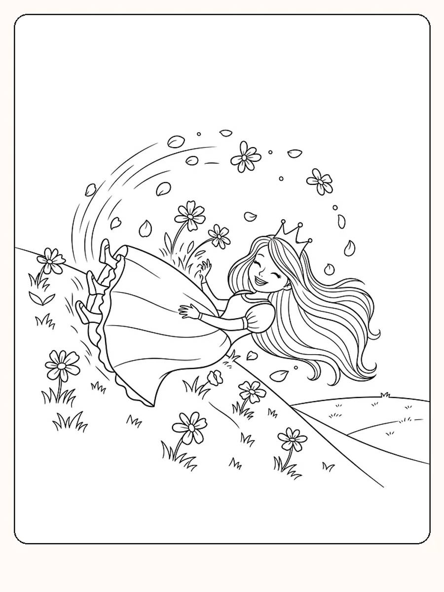 Fargeleggingstegning av en prinsesse liggende i en blomstereng, klar for utskrift