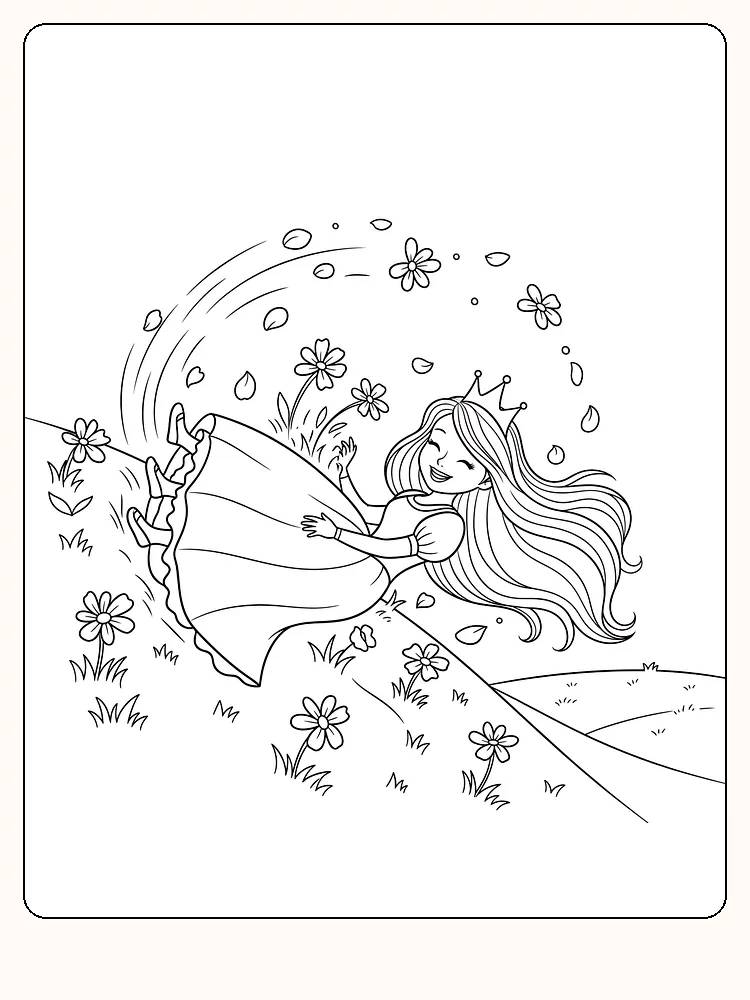 Fargeleggingstegning av en prinsesse liggende i en blomstereng, klar for utskrift