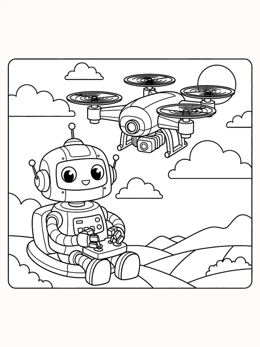 Tegning til farvelægning af en robot, der styrer en drone over et bjerglandskab, klar til download.