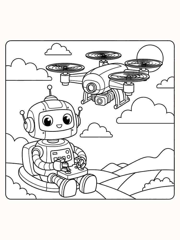 Tegning til farvelægning af en robot, der styrer en drone over et bjerglandskab, klar til download.