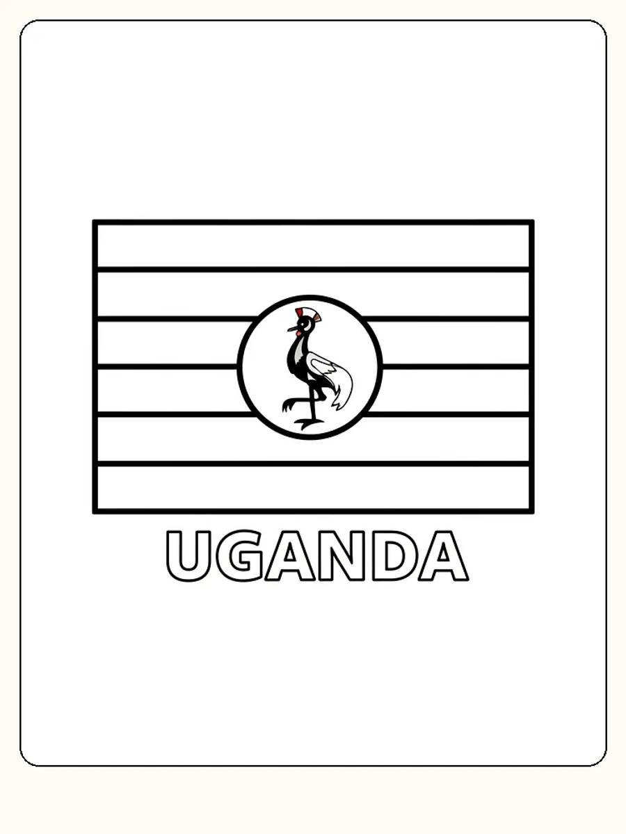 Ugandas flagga med horisontella ränder och en påfågelkrona i mitten, redo för måla.