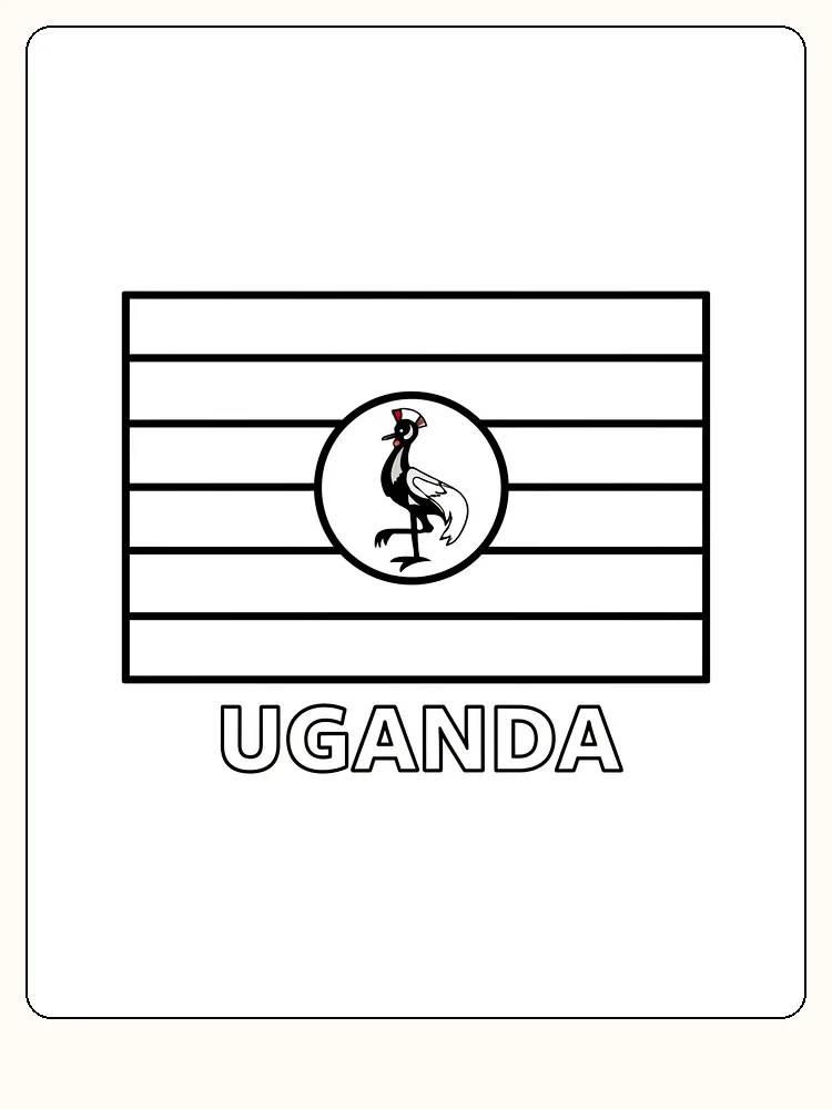 Ugandas flagga med horisontella ränder och en påfågelkrona i mitten, redo för måla.