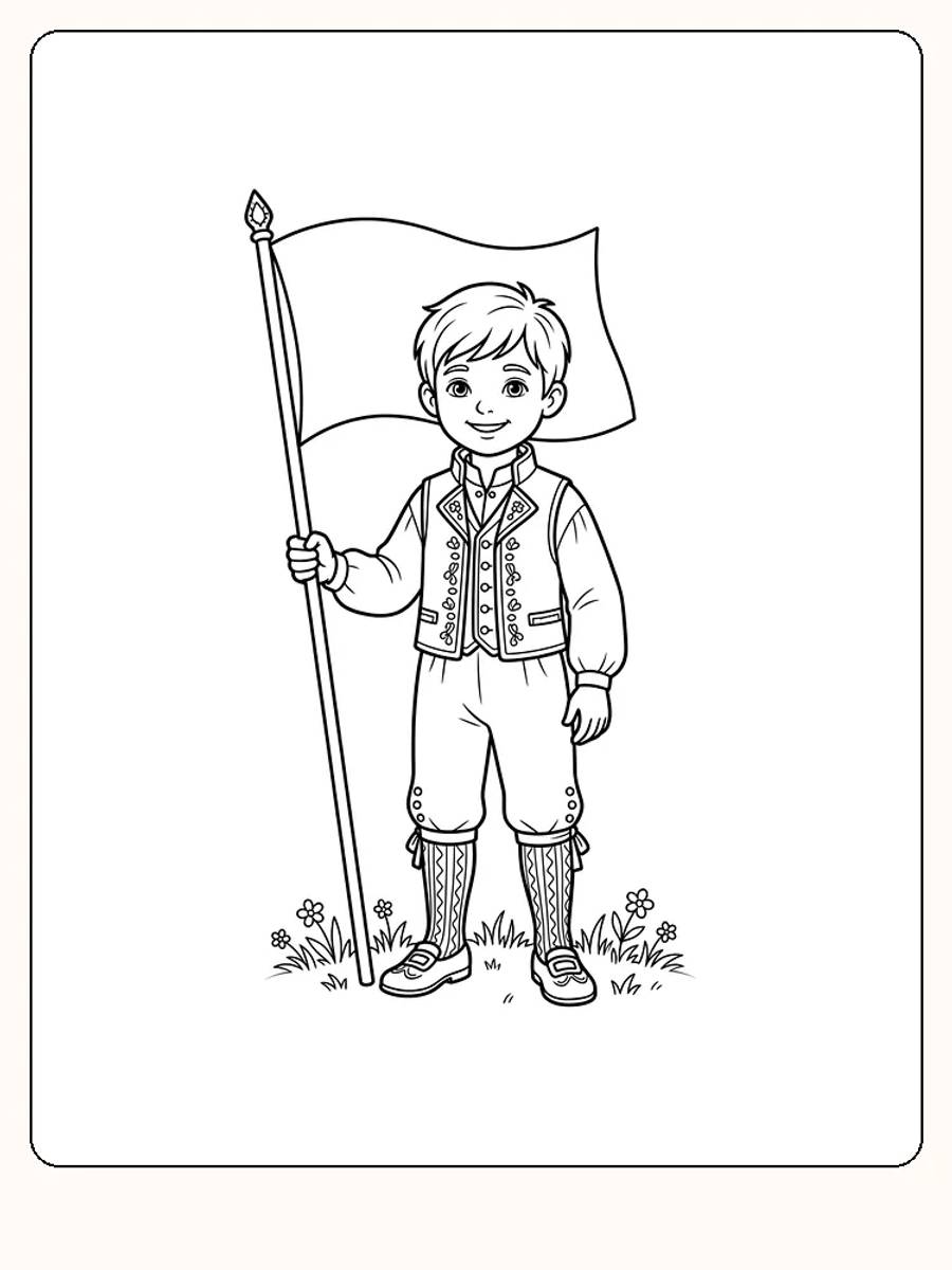 Garçon en costume traditionnel qui fête le 17 mai : il se tient debout en souriant sur un petit carré d'herbe et tient un grand drapeau au bout d'une longue hampe