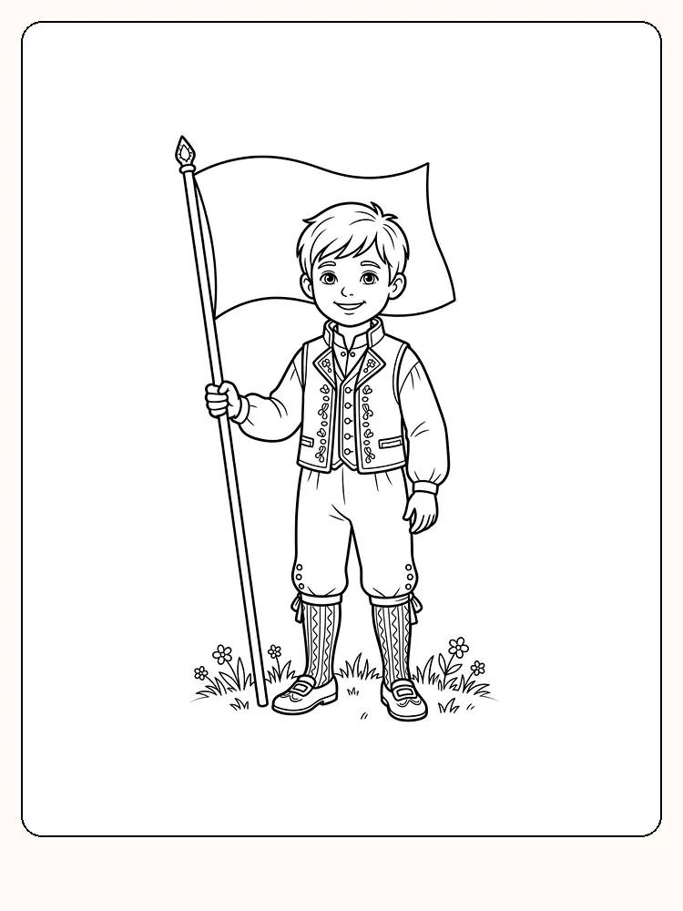 Garçon en costume traditionnel qui fête le 17 mai : il se tient debout en souriant sur un petit carré d'herbe et tient un grand drapeau au bout d'une longue hampe